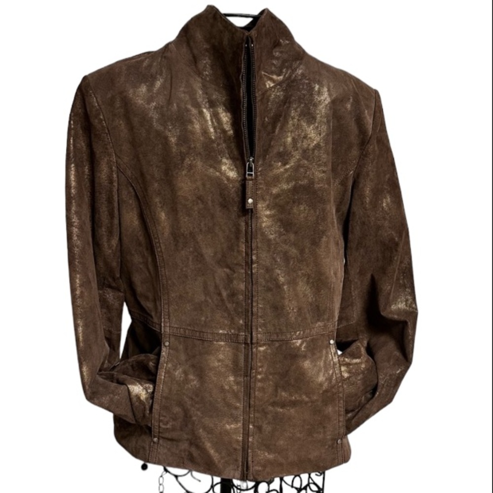 Bernardo Brown Ladies Leather Jacket Gold Metallic W| Pockets Jacket Size M EUC - Picture 13 of 13